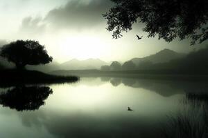 A lake with trees and birds in the distance photo