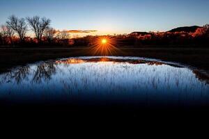 The sun rises over a pond in the middle of a field photo
