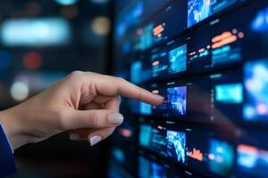 A person pointing at a television screen with many different images photo