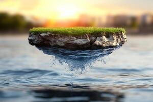 A floating island with grass and water in front of a city photo