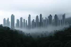 A city in the middle of a forest with tall buildings photo