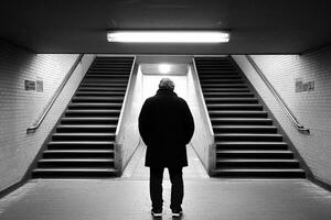 A man standing in an empty subway station photo