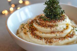 A bowl of mashed potatoes topped with a christmas tree photo