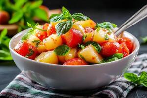 A bowl of fresh fruit salad with mint leaves photo