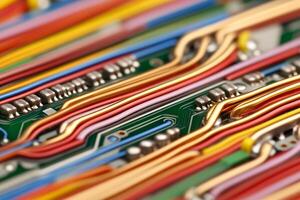 A close up of a multicolored electronic circuit board photo