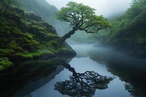 A tree is reflected in the water of a river photo