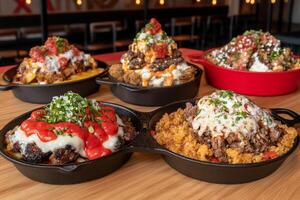 Four different types of food in pans on a table photo