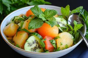 A bowl of fruit salad with a spoon and a spoon photo