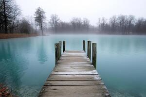 A wooden pier in the middle of a lake photo