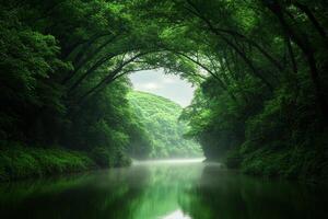 A river in the middle of a green forest photo