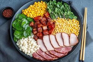A plate with meat, corn, and vegetables photo