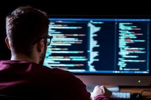 A man is sitting at a computer with a computer screen photo