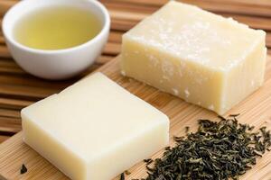 Green tea soap and a cup of tea photo