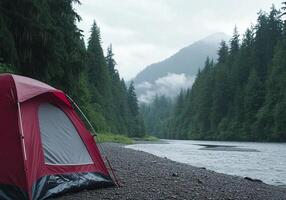A tent is pitched on the shore of a river in the middle of a forest photo