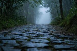 A cobblestone road in the woods with trees and fog photo