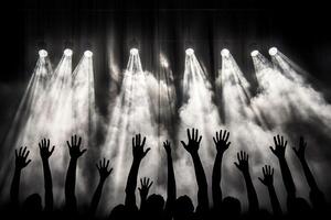 Silhouettes of hands raised in front of a stage photo