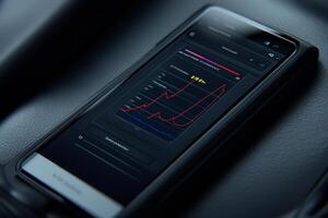 A smartphone with a graph on it sitting in a car photo
