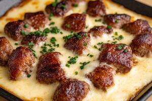 A square dish with meatballs and cheese on top photo