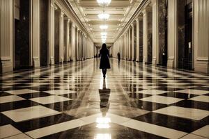 A woman walking down a hallway with a black and white checkered floor photo