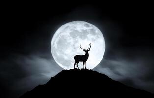 A deer stands on a hill in front of a full moon photo