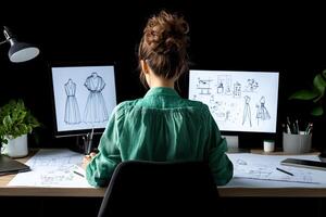 A woman is sitting at a desk with two computer screens and sketches photo