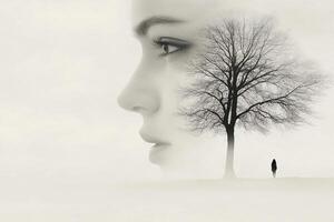 A woman is standing in front of a tree with no leaves photo