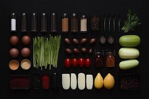 The ingredients for a meal laid out on a black surface photo