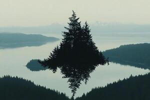 A tree is reflected in the water in front of a mountain photo