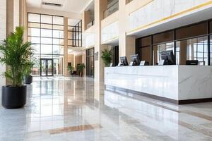 Modern hotel lobby with marble floor and large windows photo