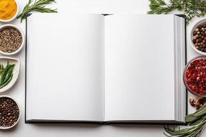 An open book with spices and herbs on a white background photo