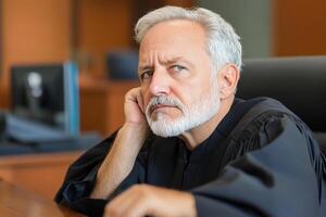 A judge sitting at a desk in a courtroom photo