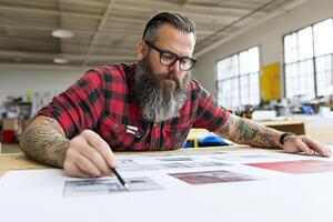 A man with a beard and glasses is working on a design photo