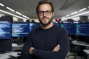 A man with glasses and a beard standing in front of computer monitors photo