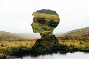 Double exposure of a man's face in the middle of a field photo