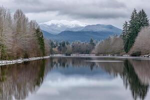 A river with snow capped mountains in the background photo