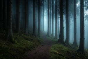 A path in the woods with trees and fog photo