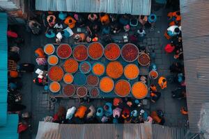 An overhead view of people in a market photo