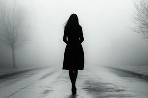 A woman is walking down a road in the fog photo