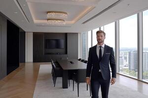 A man in a suit standing in front of a large window photo