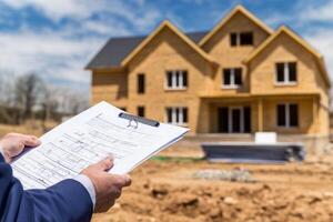 A builder's hand holding a paper with a house plan in front of it photo