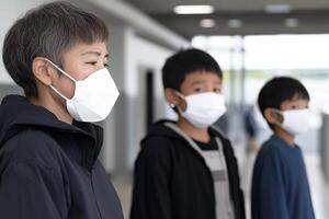 Three children wearing face masks in an airport photo