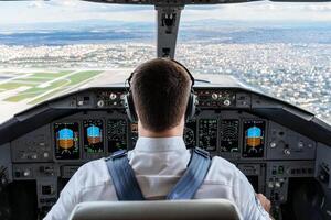 A man in the cockpit of an airplane with headphones on photo