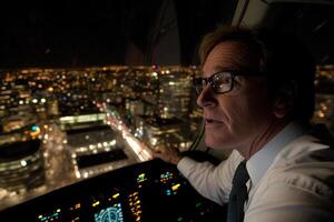A man in a white shirt and tie looking out the window of a plane photo