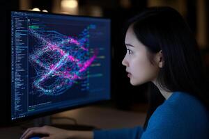 A woman is looking at a computer screen with a graph on it photo