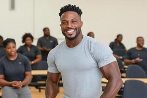 A man in a gym smiling while standing in front of a group of people photo
