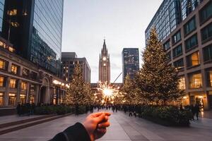 A person holding a sparkler in front of a city photo