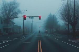 A foggy street with a red light and a person walking across it photo