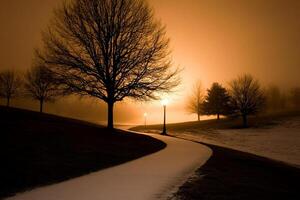 A path leads to a tree in the fog photo