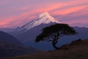 A lone tree stands in front of a mountain at sunset photo