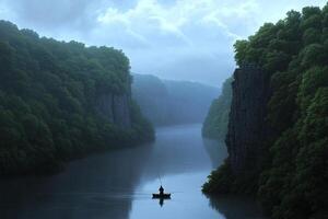 A man is in a boat on a river in the middle of a forest photo